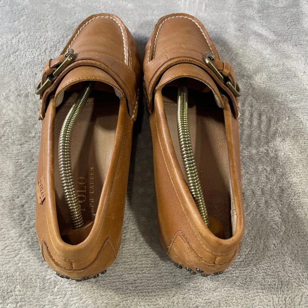 Polo Ralph Lauren Whiteley Driving Moccasin Loafers Mens 8.5 Tan Leather Buckle